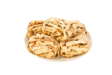 Steamed Meat Buns on White Plate - Crispy Golden Breakfast Rolls Asian Food Specialties