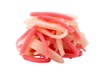 A vibrant collection of multicolored, slender strips, showcasing a blend of pink and light peach tones against a striking black backdrop.