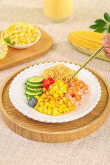 Colorful Corn Pasta Salad with Ham and Prawns on Wooden Tray - Healthy Culinary Delights