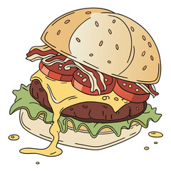 Handdrawn burger with cheese, tomato, lettuce, and bacon this delicious burger illustration is and is perfect for menus or food blogs