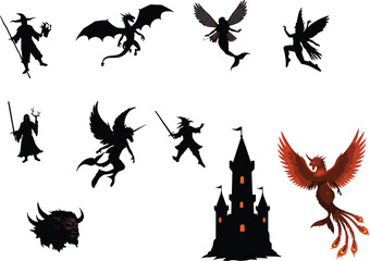 Fantasy silhouettes of witch, dragon, fairy, mermaid, phoenix, knight, castle, monster, magical sword, mythical creature, wings, combat, enchanted