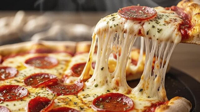 A hot pepperoni pizza with a slice being pulled up showing abundant melted cheese strands stretching Dried herbs are sprinkled on top
