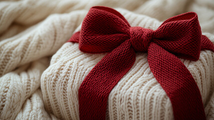 Gift wrapped in a cozy knit sweater with a red bow. Warmth, comfort, love. A handmade holiday present. For Christmas, Valentines Day, and thoughtful giving.