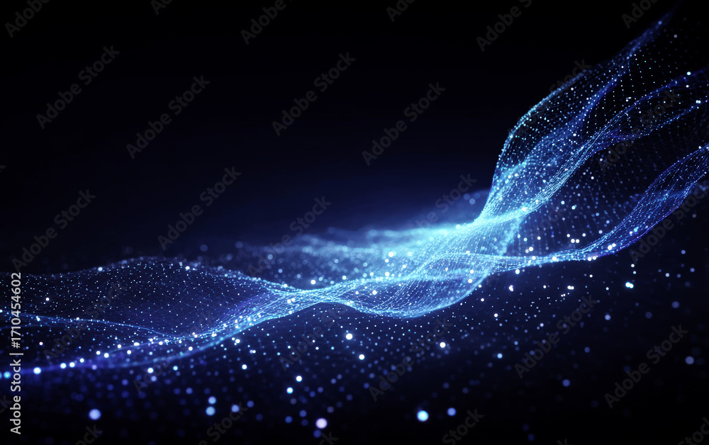 Poster abstract blue digital wave pattern with glowing particles