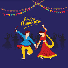 Happy Navaratri Celebration Dancers with Garba Sticks vector greetings 