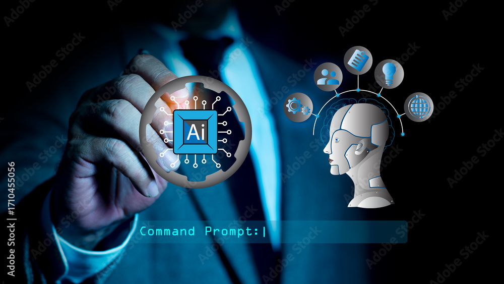 Poster business man hand holding glowing digital interface with an ai icon and command prompt. concept of a