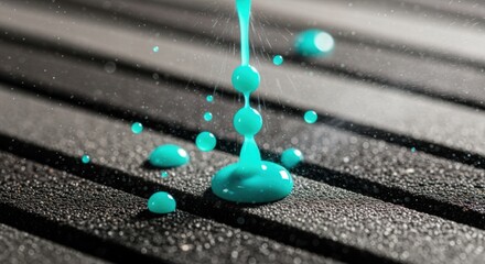 Macro footage capturing polyurethane resin droplets sprayed onto track substrate highlighting material properties and coating adhesion process.