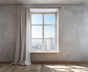 Fototapeta premium A serene room with a large window showcasing a cityscape view, featuring light beige curtains and wooden flooring.