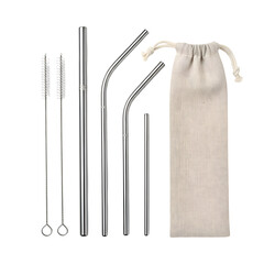 Stainless steel straws and cleaning brushes sit with bag on Transparent Background