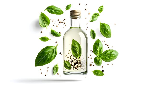 Basil Infused Olive Oil in Glass Bottle with Scattered Leaves and Pepper Corns on Bright White Background Studio Shot - Powered by Adobe