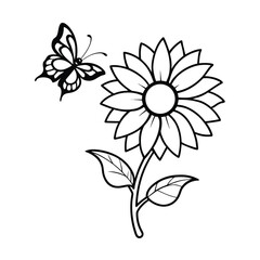 sunflower with butterfly line art vector illustration 