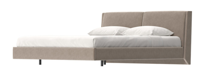 A modern bed with a neutral-toned upholstered frame is the focal point, complemented by pristine white bedding and pillows, creating a serene bedroom scene.