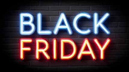 Obraz premium A neon sign that says Black Friday. The sign is lit up in red and blue. The sign is on a brick wall