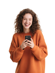 Fototapeta premium Cheerful young woman laughs, uses phone. PNG and transparent background for social media, branding.