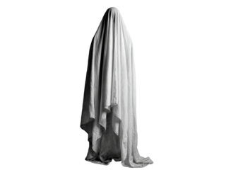 Mysterious figure shrouded in white drapery against black background, Isolated On White, Png Transparent