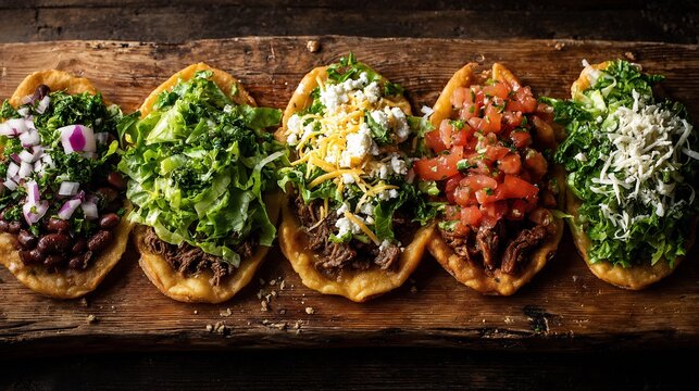 Authentic huaraches beans steak lettuce and cheese lined up left to right on a rustic wooden board