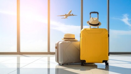 Two suitcases with hats in an airport terminal, a plane flying outside the window, symbolizing travel and adventure.