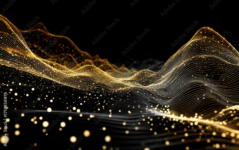 Poster golden abstract waves with dots and lines on black background