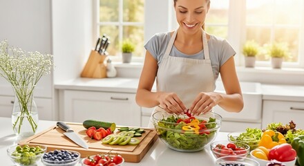 Woman preparing a fresh and healthy salad in her kitchen.