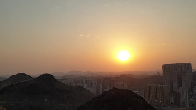 Beautiful aerial view of nature at outdoor with blurred background. Landscape videography concept design. Sunrise time from peak of mountain. Timelapse Hyperlapse footage video