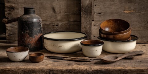 Vintage kitchen tools concept. Vintage kitchenware arranged on rustic wooden background.