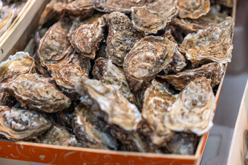 Fresh oysters with a rough, layered texture are for sale in a wooden crate at a street seafood market in Paris, France. The shells have a variety of brown and gray colors.