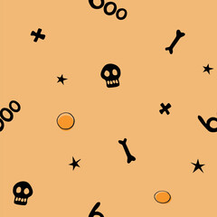 Halloween seamless pattern with bones, skulls, other holiday symbols. Vector illustration, wrapped paper, background and texture in flat doodle style, isolated.