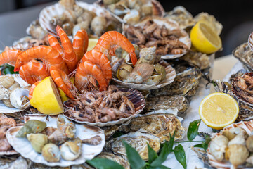 A large seafood platter with a variety of fresh seafood, including oysters, whelks, shrimp, prawns, and scallops, is a presentation of the market's assortment and a tasting set in Paris, France.