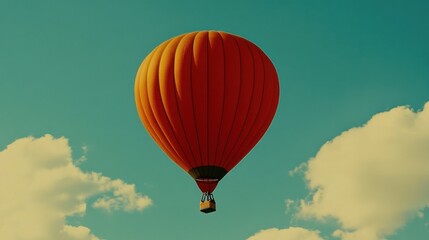 Fototapeta premium Vibrant Red Hot Air Balloon Ascending in Turquoise Sky with Clouds