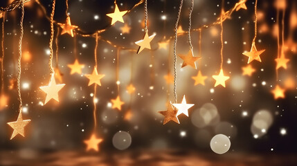 Golden star lights hanging from a string against a dark background with a bokeh effect.