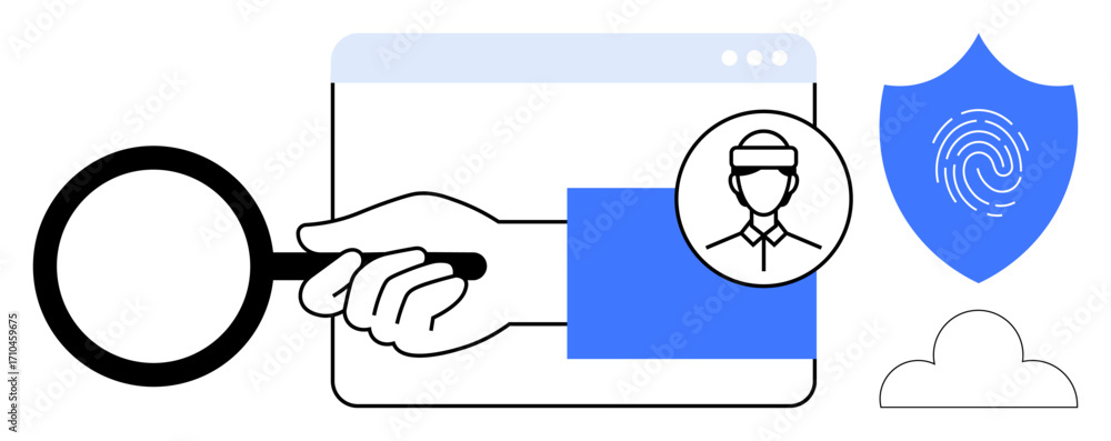 Poster magnifying glass focusing on user profile within browser window, shield with fingerprint, and cloud.