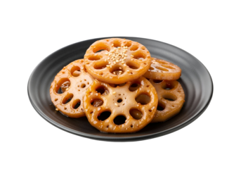 Golden-brown lotus root slices, glazed and topped with sesame seeds, are artfully arranged on a dark plate.