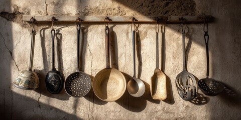 Vintage kitchen tools concept. Hanging kitchen utensils against a textured wall background.