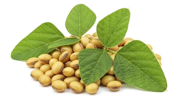 A pile of light-colored oval-shaped soybeans with prominent hilums accompanied by vibrant green leaves displaying detailed venation set against a white background
