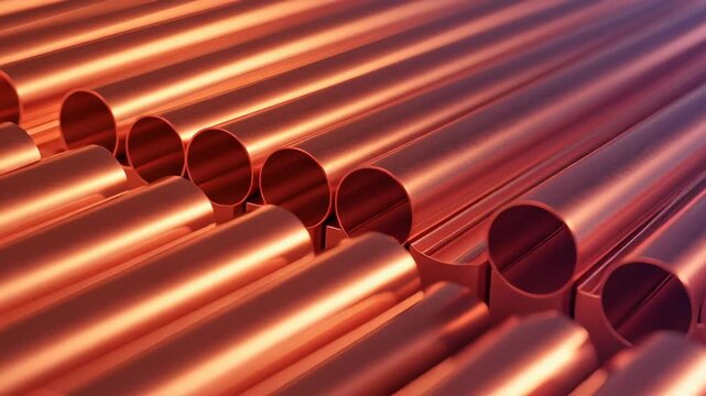 Abstract Copper Pipes Organized in Rows with Warm Lighting