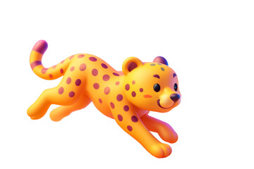 Playful cartoon leopard cub with purple spots jumping in dynamic pose, isolated on white background, clean cutout for creative animal design. Ai generative.