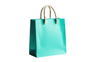 Elegant turquoise gift bag with rope handles isolated against a solid transparent background