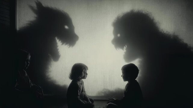 Children's shadows transform into mythical creatures in eerie animation. Dark fantasy concept exploring imagination and inner monsters. Symbolic storytelling video.