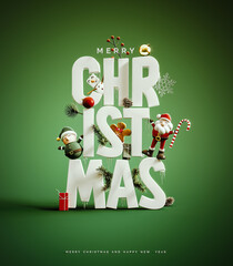 White Christmas letters with Christmas symbols on green background. Creative Merry Christmas banner design. 3D Rendering, 3D Illustration