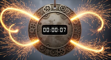 Steampunk timer with vibrant sparks ignites countdown for energetic, dynamic projects.
