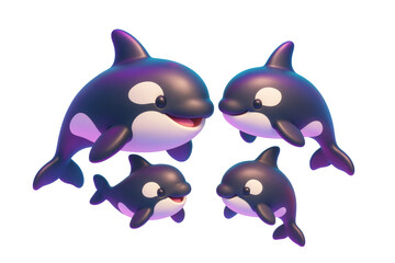 Adorable cartoon orca whale family with happy expressions, isolated on white background, clean concept layout for animal design. Ai generative