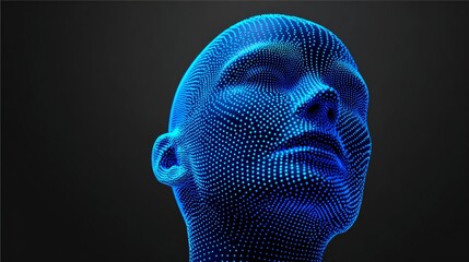 Blue face with a lot of dots on it. The face is very detailed and looks like it could be a computer generated image