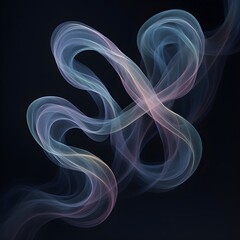 Elegant ribbons of smoke unwind and fold through three-dimensional space, their surfaces shifting in pearlescent, iridescent color. Each strand moves with slow, deliberate grace