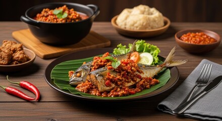 Spicy fish dish on banana leaf, with side dishes