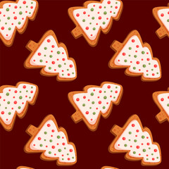 Christmas gingerbread tree seamless pattern in cartoon. Merry Christmas background for print, card, fabric.