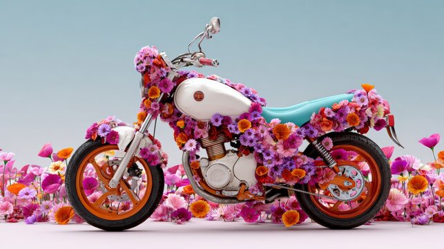 Motorcycle covered in flowers is the main focus of the image. The flowers are arranged in a way that covers the entire bike, giving it a unique and artistic appearance