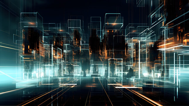 A futuristic cityscape with glowing lights and transparent structures, set against a dark background.