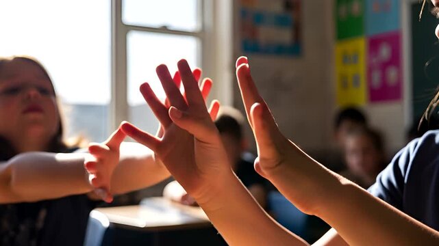 Elementary Classroom Demonstrates Hand Gestures for Math Concepts and Numeracy Skills