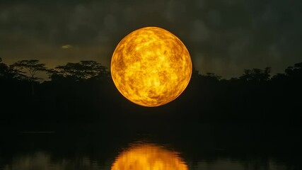 A captivating, mysterious glowing sphere floats above tranquil water, casting a fiery reflection against the dark, silhouetted forest at dusk, evoking an ethereal and otherworldly celestial presence