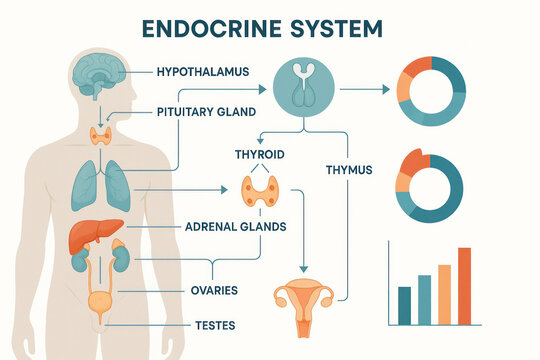 Endocrine System Diagram: Medical illustration of human hormones and glands